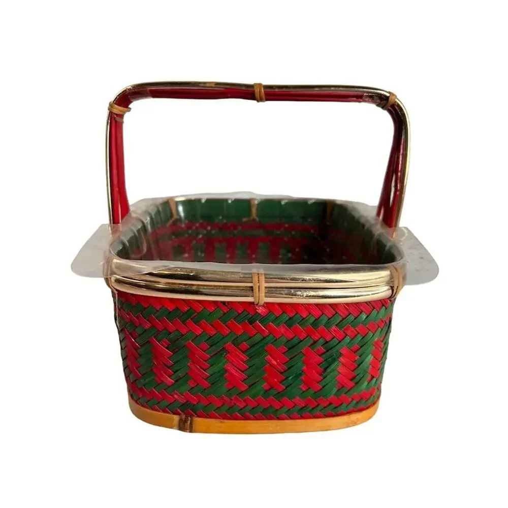 Vintage Red & Green Woven‎ Basket with Handle Country Style Small planter